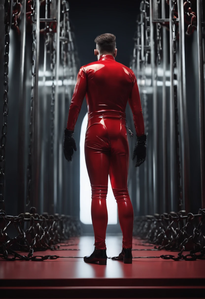 a man in a black and red latex outfit, highly detailed 3d render, shackled, short muzzle, punished rigid