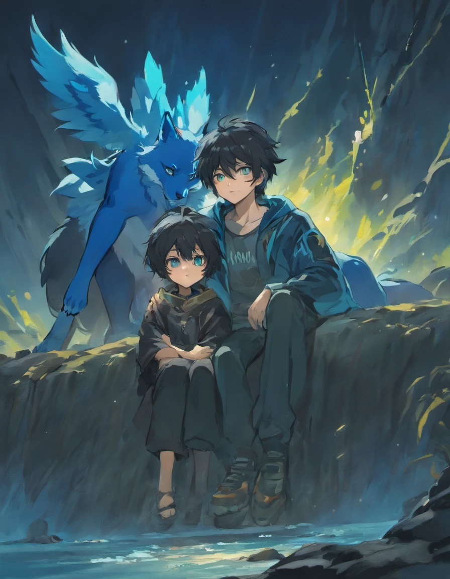 A Mita wolf boy sitting on a rock, his shiny black fur, blue eyes with a friend like this, side by side