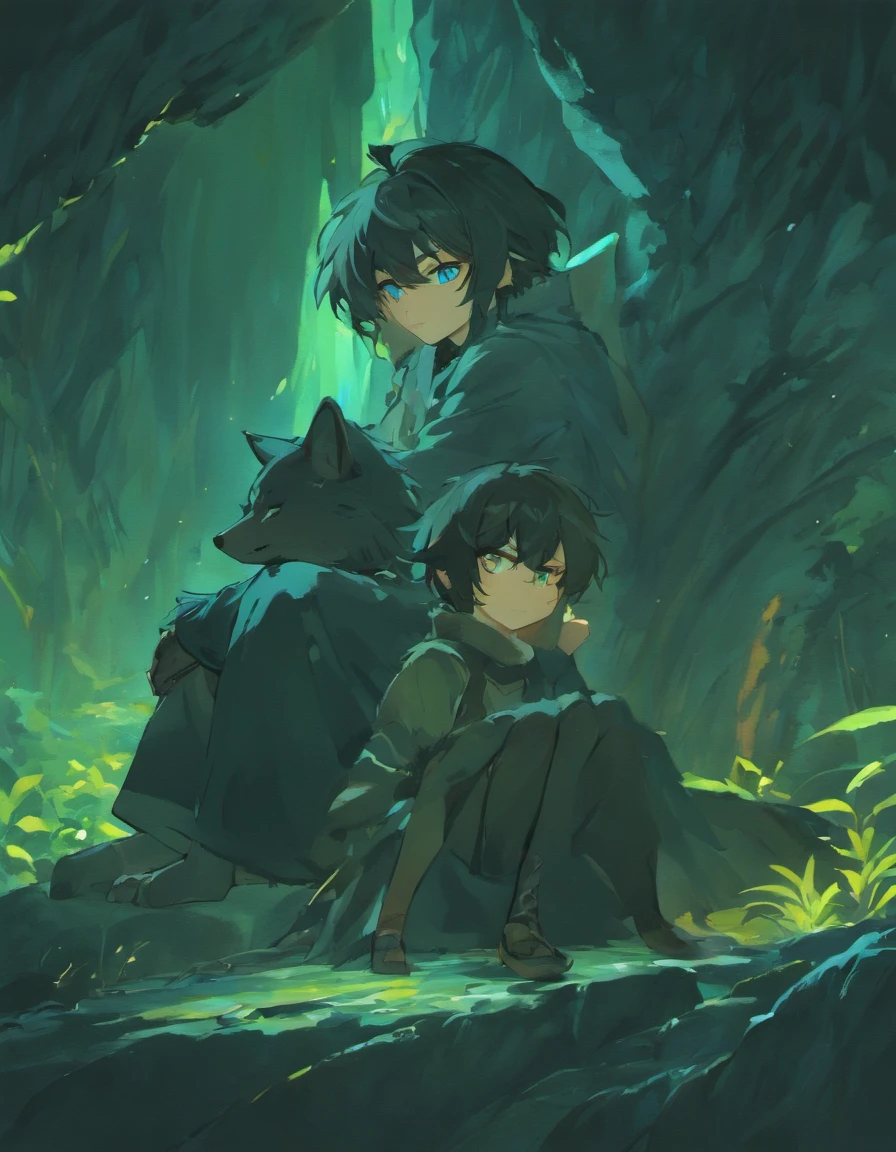 A Mita wolf boy sitting on a rock, his shiny black fur, blue eyes with a friend like this, side by side