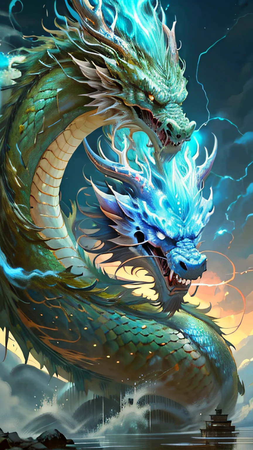 (Foto RAW, highest qualityr), (realista, realista: 1.1), Trazado de rayos NVIDIA RTX, Octane representation, high resolusion, extremadamente delicado y hermoso, finamente detallado, obra maestra, Ultra-detallado, Alto,Enrevesado, Dragon God Woman、Estar en el pantano、Long-haired Chinese goddess in ancient times、Cara hermosa、Una cara detallada、proporciones perfectas、foco nítido, Hechicero、Un sexy、Disfraz de dios chino antiguo、La ropa es blanca, Ropa hermosa, Levantando los brazos、Orbe verde luminiscente, Luminiscencia del aura、Mira a los espectadores, (Ron chino rojo gigante en el fondo:1.2), (dragon in the background: 1.4), Dragon with a scary face、nube, tormentoso, pantano、salpicaduras de agua、tormentoso、Compuesto perfecto, fantasy, Enrevesado, alto contraste, Cinematic lightening、