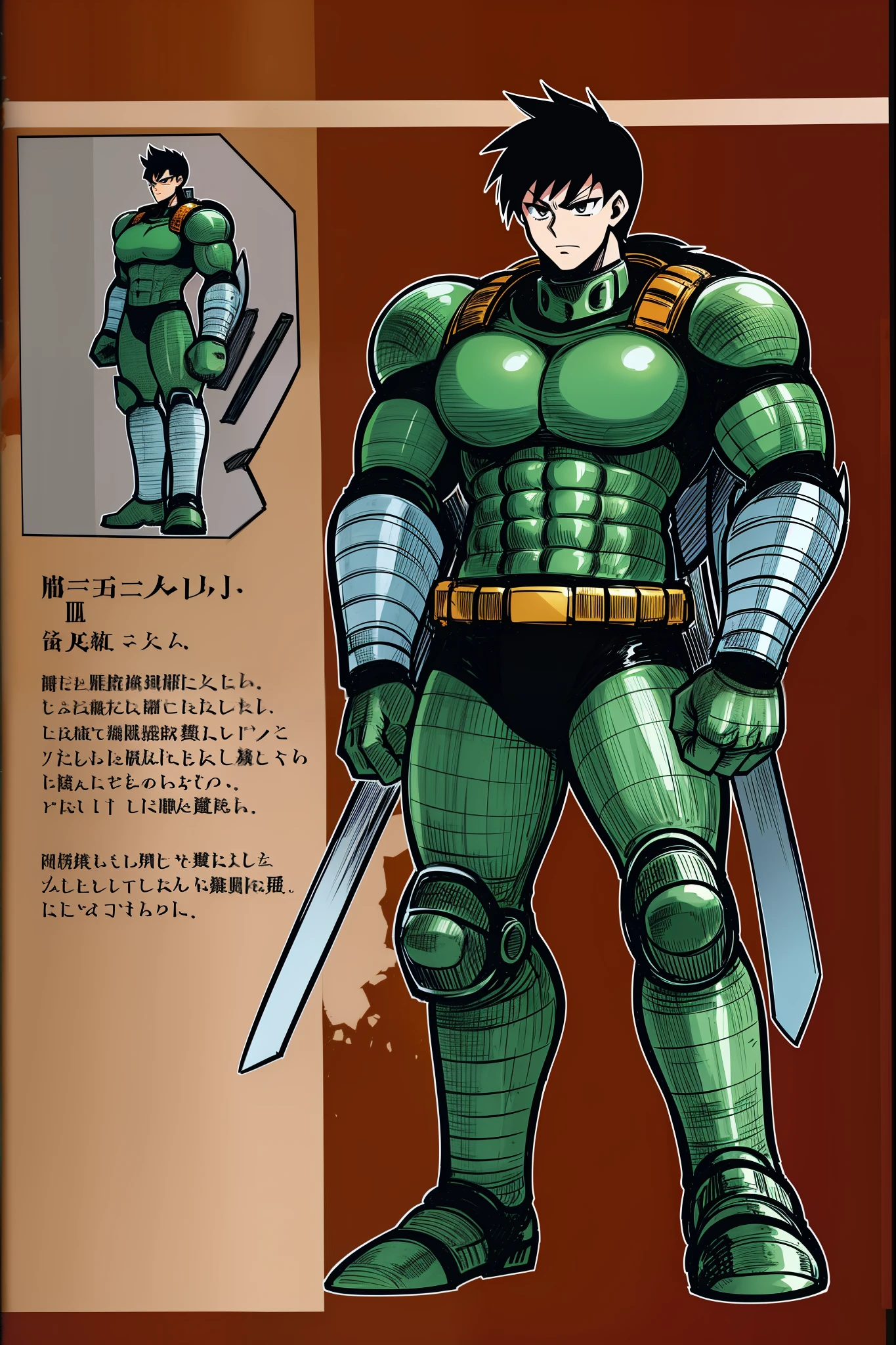 muscular male ,pony tail, black hair,sentai armor, superhero, metal hero, standing, full body