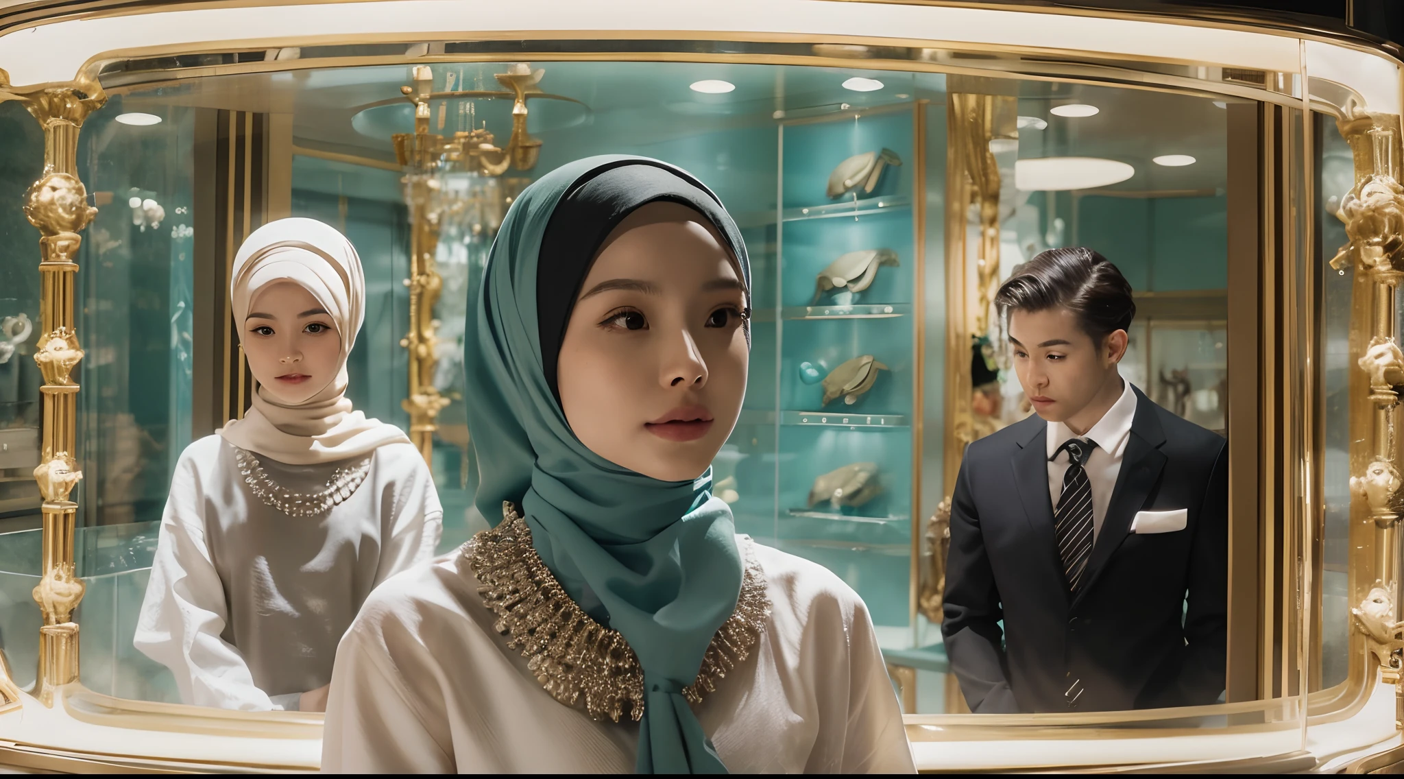 Generate a film still inspired by the iconic 'Breakfast at Tiffany's' scene with a Malay girl in hijab standing in front of a luxurious jewelry store. Use a 35mm lens to capture her sense of wonder and elegance, close-up, Deep Focus cinematography effect,high quality,