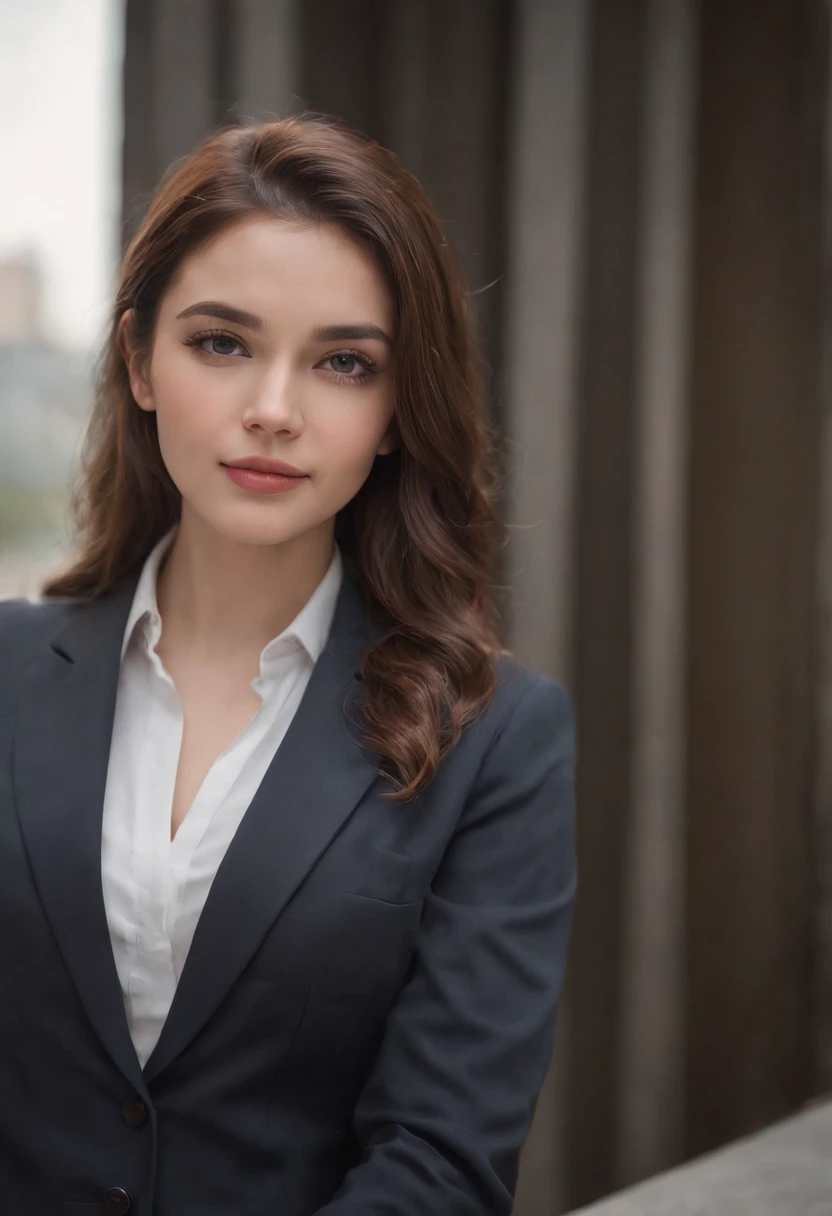 there is a woman in a suit and tie posing for a picture, girl in a suit, girl in suit, realistic artstyle, , realistic digital illustration, photorealistic artstyle, wearing a strict business suit, hyperrealistic schoolgirl, realistic schoolgirl, business woman, realistic