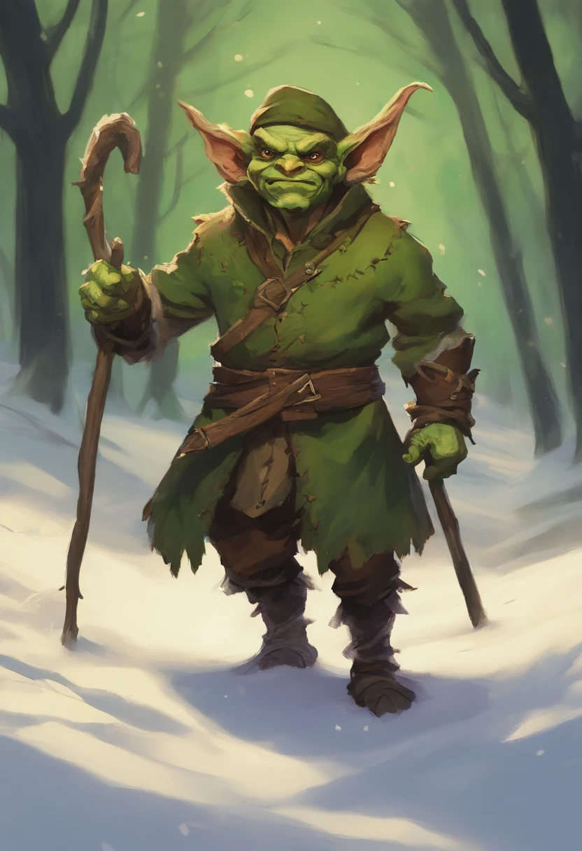 A small, green-skinned, warmly dressed, (winter clothes) goblin stands in the snow. The goblin is acting as a sentinel. The details of the goblin's warm clothes are visible, showing its worn nature. The green skin of the goblin is vibrant and rich, emphasizing its otherworldly appearance. The lighting in the scene is dim, with a subtle glow casting eerie shadows on the goblin's face and surroundings. The overall image quality is of the highest standard, with ultra-detailed textures and a photorealistic rendering. The artwork is depicted in a medium that best showcases its unique style and texture, whether it be an illustration, oil painting, 3D rendering, or photography. The color palette is dominated by earthy tones, with a focus on various shades of green to complement the goblin's appearance.