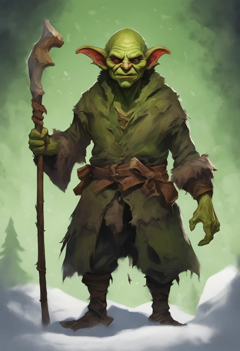 A small, green-skinned, warmly dressed, (winter clothes) goblin stands in the snow. The goblin is acting as a sentinel. The details of the goblin's warm clothes are visible, showing its worn nature. The green skin of the goblin is vibrant and rich, emphasizing its otherworldly appearance. The lighting in the scene is dim, with a subtle glow casting eerie shadows on the goblin's face and surroundings. The overall image quality is of the highest standard, with ultra-detailed textures and a photorealistic rendering. The artwork is depicted in a medium that best showcases its unique style and texture, whether it be an illustration, oil painting, 3D rendering, or photography. The color palette is dominated by earthy tones, with a focus on various shades of green to complement the goblin's appearance.