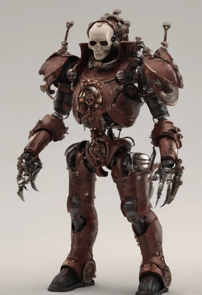 A imagem mostra um (fofo) Adeptus Mechanicus . His gaze is piercing, and his face is hidden under a mask with monitors and LEDs. Graceful mechanical limbs complete its elegant appearance, And his outfit emphasizes his strength and uniqueness in the world of technology, big forhead, meninao, Capa vermelha , Rindo, (((Chibi)), Corpo cheio, perna cheia,