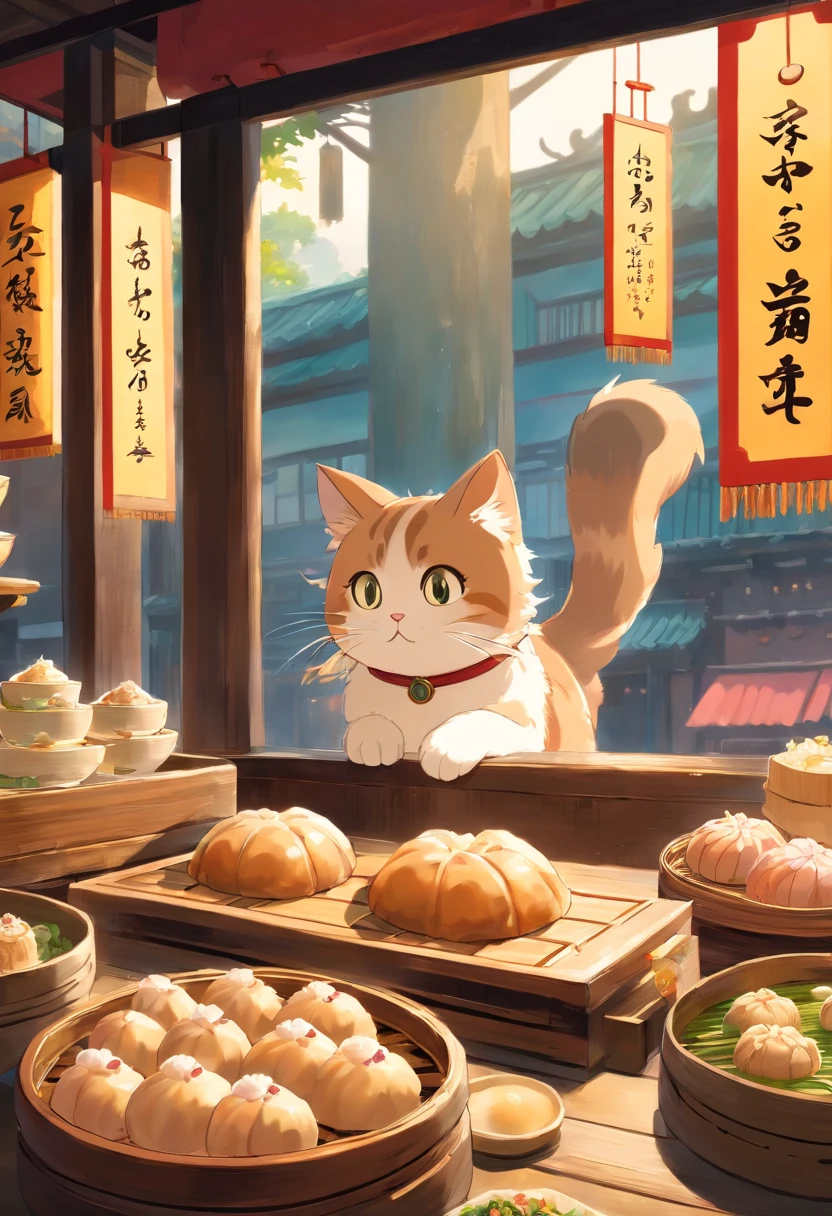 Cat with cute round eyes, At a dim sum shop , Daylight outside the window.