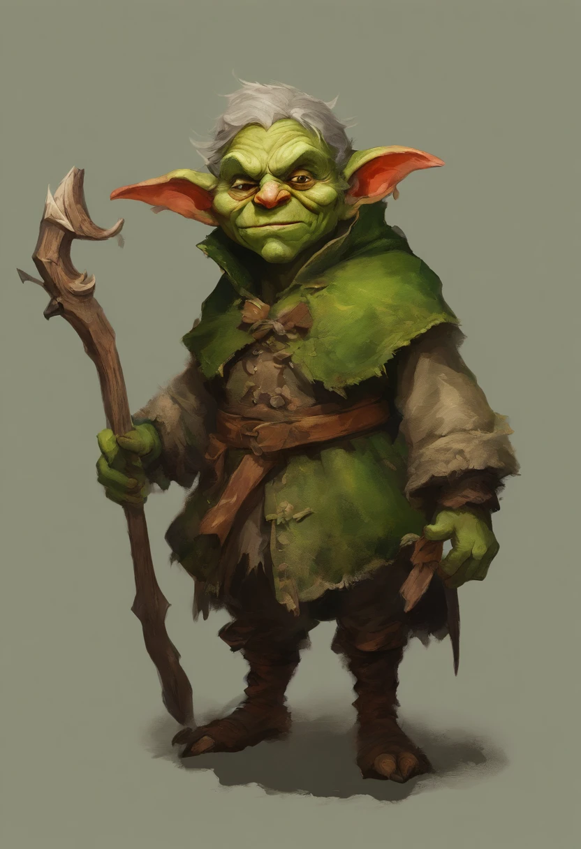 A small, young, green-skinned, warmly dressed, (winter clothes) goblin stands in the snow. The goblin is acting as a sentinel. The details of the goblin's warm clothes are visible, showing its worn nature. The green skin of the goblin is vibrant and rich, emphasizing its otherworldly appearance. The lighting in the scene is dim, with a subtle glow casting eerie shadows on the goblin's face and surroundings. The overall image quality is of the highest standard, with ultra-detailed textures and a photorealistic rendering. The artwork is depicted in a medium that best showcases its unique style and texture, whether it be an illustration, oil painting, 3D rendering, or photography. The color palette is dominated by earthy tones, with a focus on various shades of green to complement the goblin's appearance.