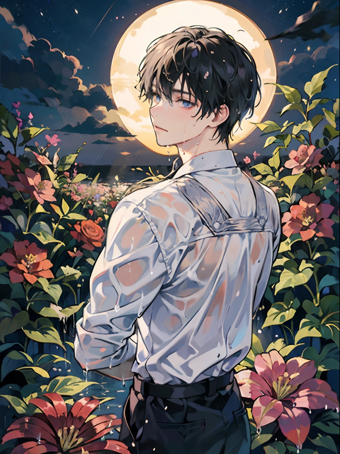 mastrepiece, 1 man, expresionless, wet hair, wet clothes, heavy rains, flower garden, night sky