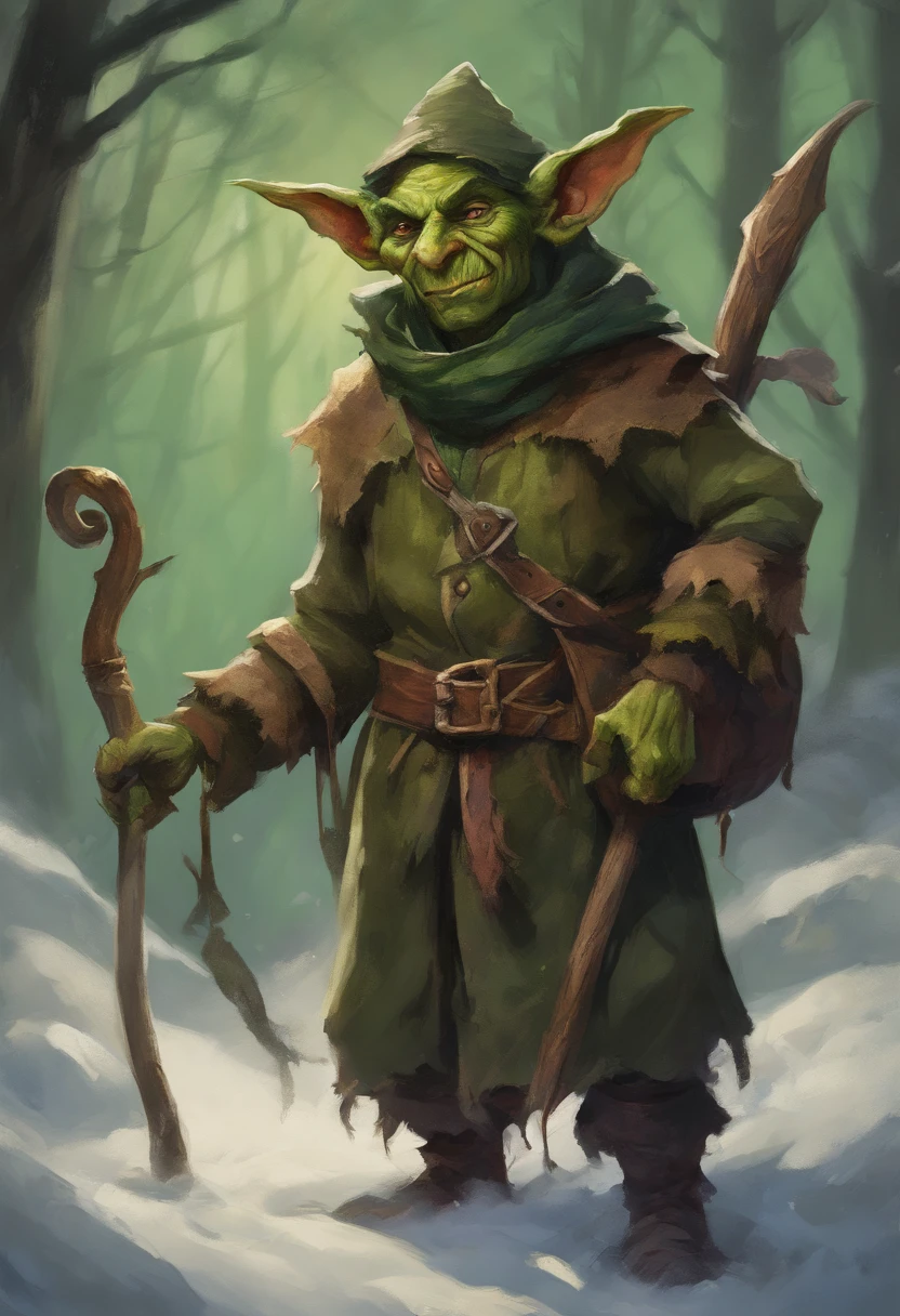 A small, young, green-skinned, warmly dressed, (winter clothes) goblin stands in the snow. The goblin is acting as a sentinel. The details of the goblin's warm clothes are visible, showing its worn nature. The green skin of the goblin is vibrant and rich, emphasizing its otherworldly appearance. The lighting in the scene is dim, with a subtle glow casting eerie shadows on the goblin's face and surroundings. The overall image quality is of the highest standard, with ultra-detailed textures and a photorealistic rendering. The artwork is depicted in a medium that best showcases its unique style and texture, whether it be an illustration, oil painting, 3D rendering, or photography. The color palette is dominated by earthy tones, with a focus on various shades of green to complement the goblin's appearance.
