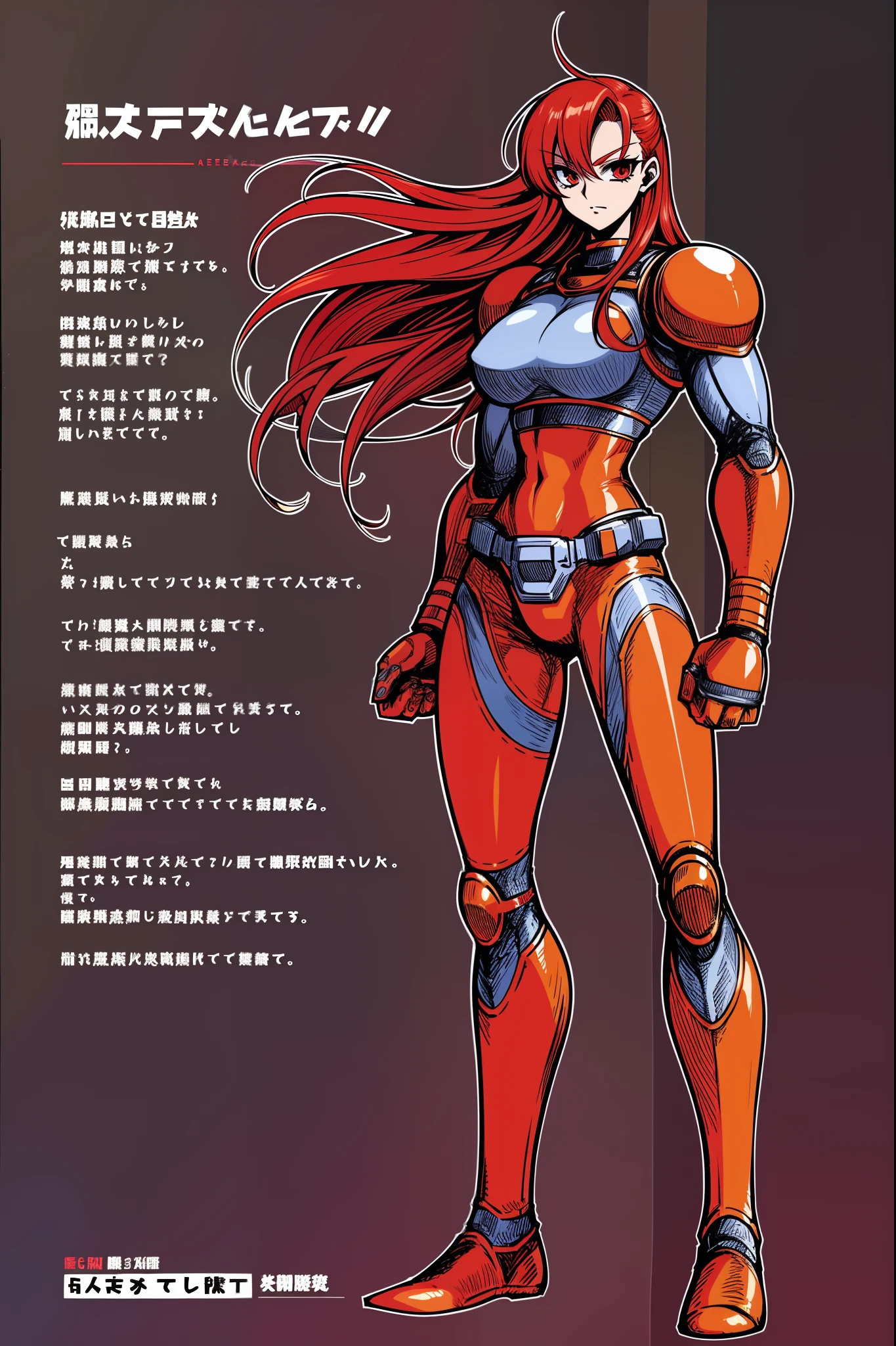 * female ,, red hair,sentai armor, superhero, metal hero, standing, solo focus, living hair, long hair