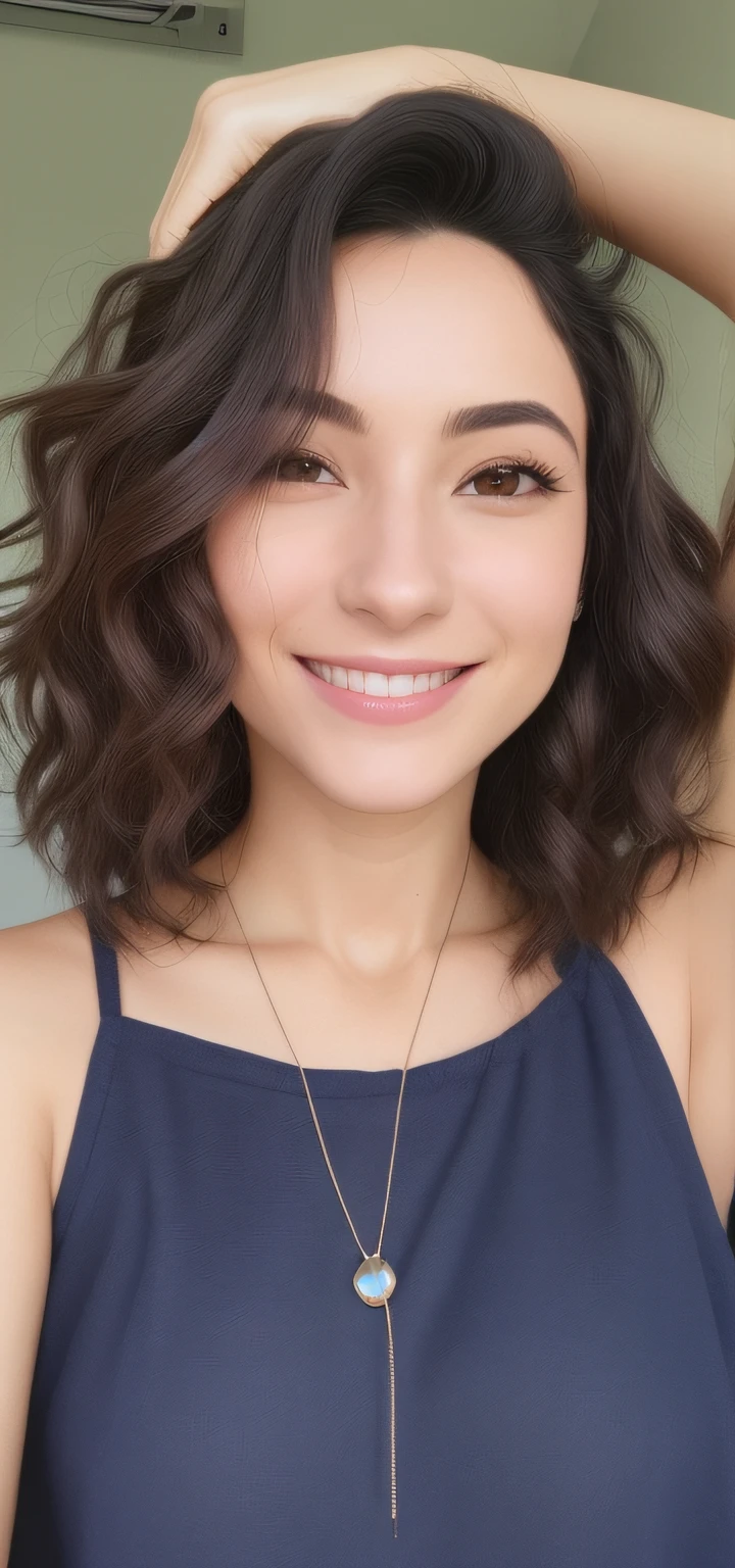 mulher sorridente com um colar e colar com uma pedra vermelha, cabelo encaracolado curto escuro sorrindo, foto de perfil headshot, sem maquiagem cabelo ondulado, cerca de 3 5 anos, Mulher de 30 anos, 3 0 anos de idade mulher, selfie de uma jovem mulher, com cabelos curtos, happily smiling at the camera, cabelos ondulados na altura dos ombros, cabelos ondulados espalhados
