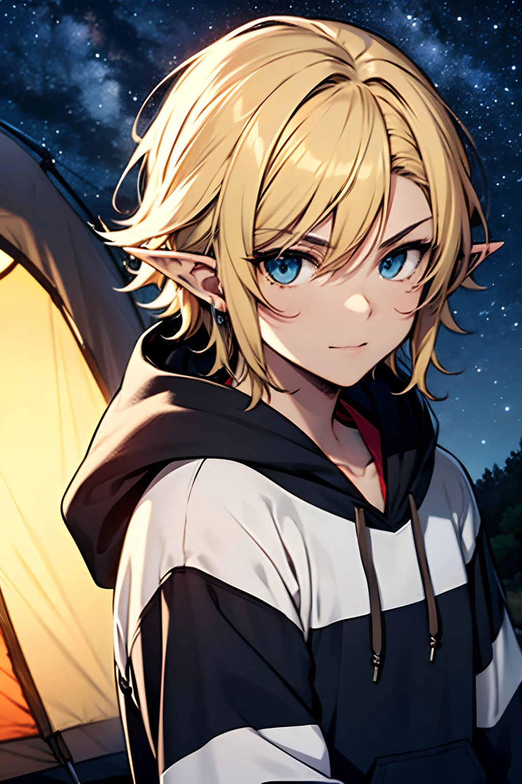 Prompts
Male with yellow blonde hair. Dark blue eyes. Medium length choppy hairstyle. Wavey hair. Wearing a hoodie. Camping at night. Stars. Happy. Elf ears.