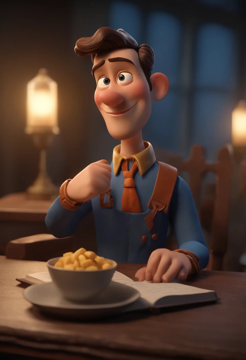 personagem dos desenhos animados de um homem com paleto gravara pretos e uma camisa azul, bible animation character, Caractere estilizado, animation style rendering, 3D estilizado, Arnold Maya render, 3 d render stylized, toon render keyshot, Personagem 3D, Personagem 3D, 3d rendering stylized, 3 d character render, personagem de desenho animado, Personagem de close up, Pose de personagem, (Estilo Pixar) (master part:1.2) (Bokeh) (best quality) (pele detalhada) (textura detalhada) (8k) (argila) (Cinematic lighting) (foco nítido
