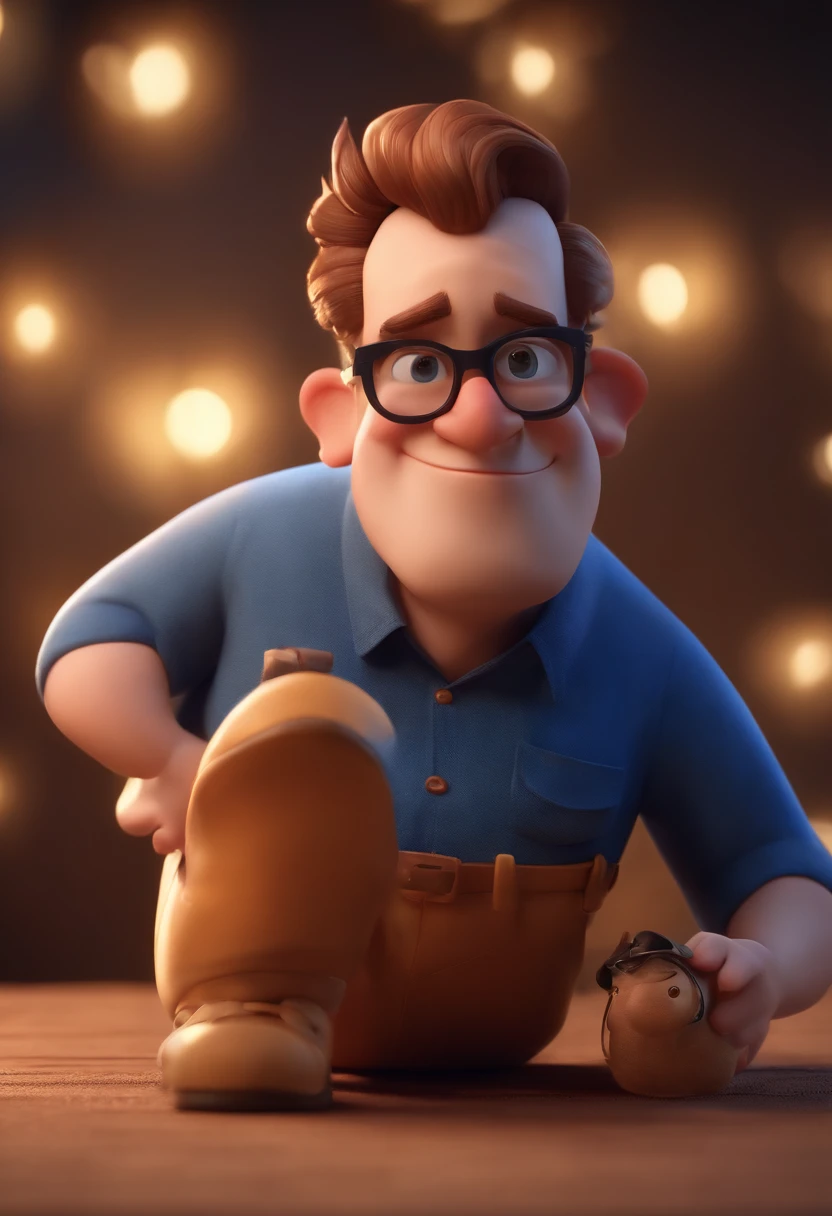 Cartoon character of a man wearing black glasses and a blue shirt, um personagem animado, Caractere estilizado, animation style rendering, 3D estilizado, Arnold Maya render, 3 d render stylized, toon render keyshot, Personagem 3D, Personagem 3D, 3d rendering stylized, 3 d character render, personagem de desenho animado, Personagem de close up, Pose de personagem, (Estilo Pixar) (master part:1.2) (Bokeh) (best quality) (pele detalhada) (textura detalhada) (8k) (argila) (Cinematic lighting) (foco nítido，Senta e vaza a parte superior do corpo