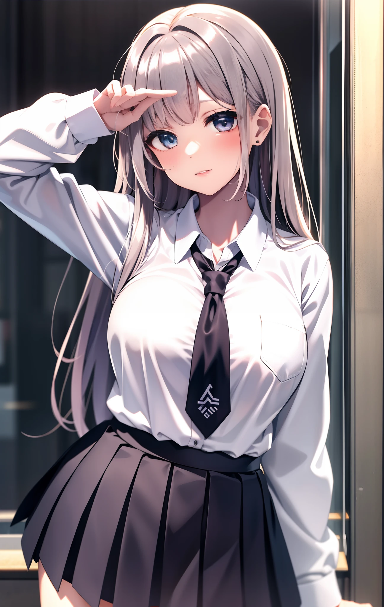 black necktie, Long sleeves, Pleated skirt, School uniform, Shirt, Skirt, sleeves rolled up, White shirt,