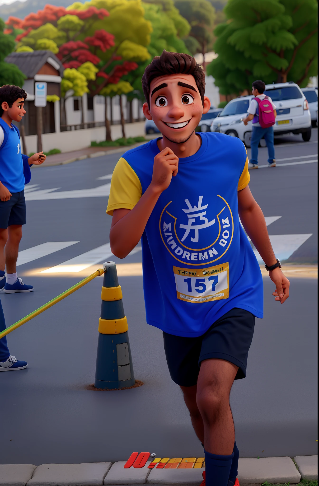 Um jovem sorrindo com aparelho no dente em uma paisagem