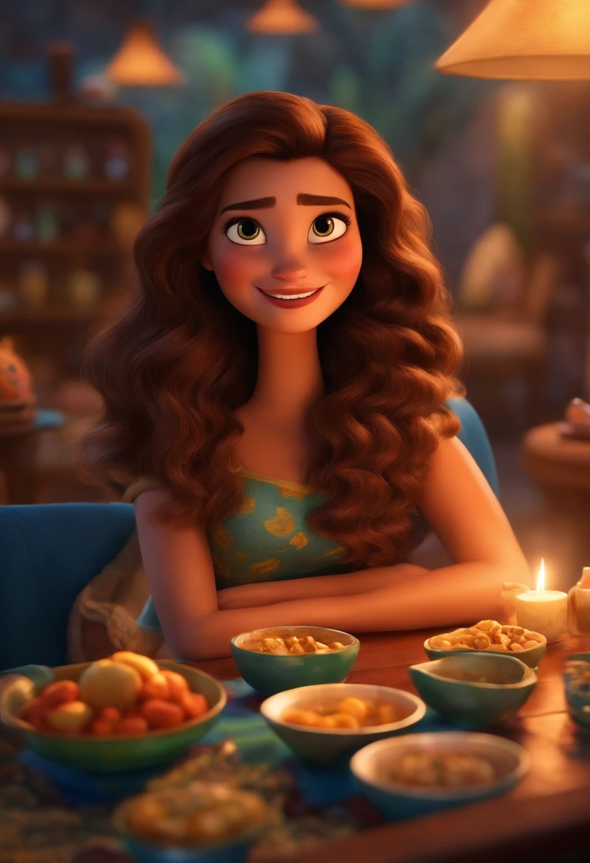 Um filme inspirado na Disney Pixar (mulher brasileira de 40 anos, cabelos longos e castanhos, olhos cor de mel) dentro A cena estar na arte distinta do estilo PIXAR, descolada e estilosa