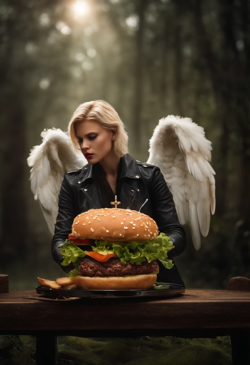 Blonde fallen angel, With a burger in his hands, olhos claros brilhantes, Biomechanicals, estranho, assustador, Pesadelo, cores muito brilhantes, light particles, com luz brilhante, Mshiff, Arte do papel de parede, Papel de parede UHD