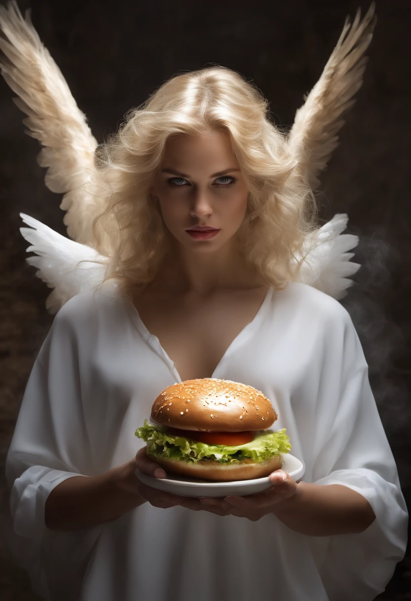 Blonde fallen angel, With a burger in his hands, olhos claros brilhantes, Biomechanicals, estranho, assustador, Pesadelo, cores muito brilhantes, light particles, com luz brilhante, Mshiff, Arte do papel de parede, Papel de parede UHD