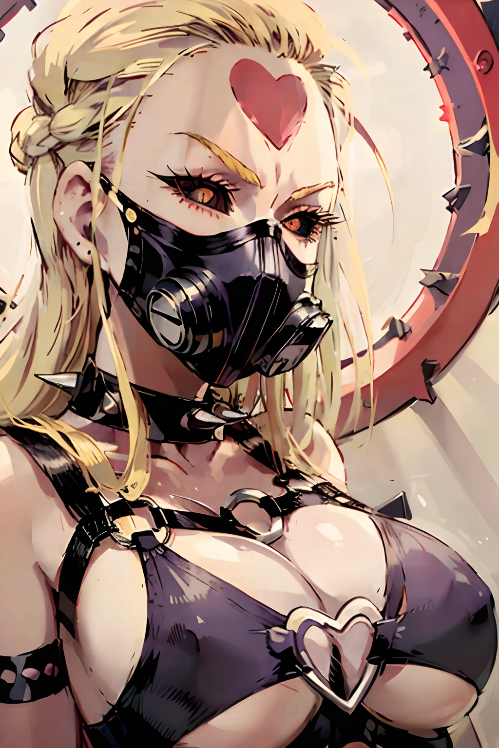 Crimson and black ink painting, perfect face, gothic, solo 1girl, bondage outfit, solo, spikes, spiked collar, black flower, whip, collar, hair ornament, long white hair, heart, thigh highs, huge breasts, bdsm bikini, bondage straps , gloves, holding whip, monochrome, (mouth mask:1.5), looking at viewer, navel, DO-S from manga "one punch man”, medium shot, art by Yusuke Murata, manga style, (embedding:art,rfktr_bwmnga1.4)