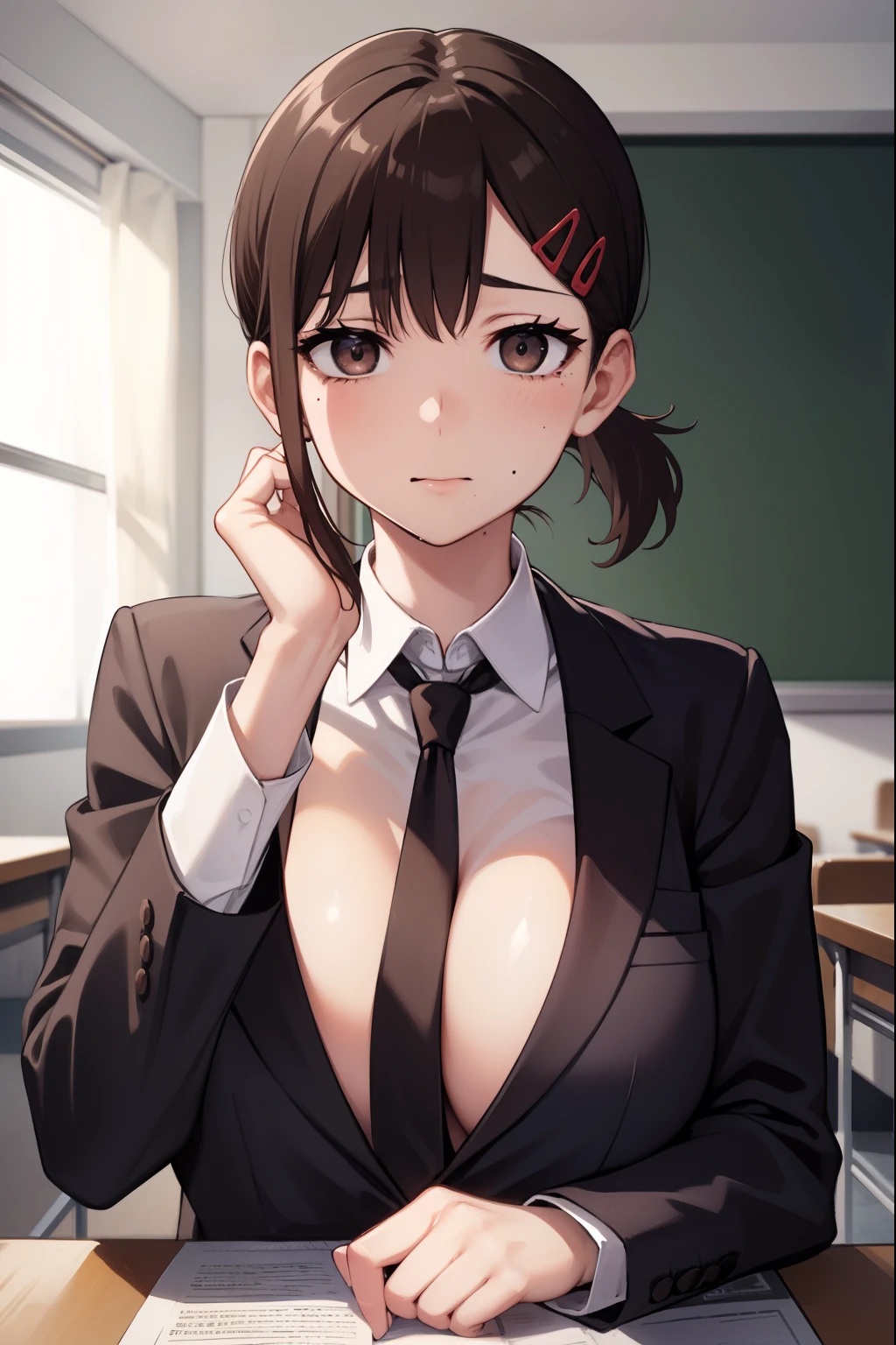 kobenihigashiyama, kobeni higashiyama, black hair, hair ornament, hairclip, mole, mole under eye, ponytail, short hair, (brown eyes:1.5), BREAK black necktie, black pants, business suit, formal, long sleeves, necktie, pants, suit, BREAK looking at viewer, BREAK indoors, classroom, BREAK (masterpiece:1.2), best quality, high resolution, unity 8k wallpaper, (illustration:0.8), (beautiful detailed eyes:1.6), extremely detailed face, perfect lighting, extremely detailed CG, (perfect hands, perfect ???????), ((huge naked breasts, sexy, porn))