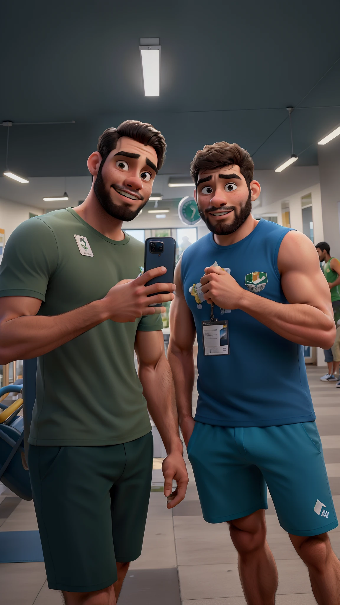 Obra-prima, de melhor qualidade, dois homens, tirando foto no espelho da academia, selfie, espelho, academia, barba