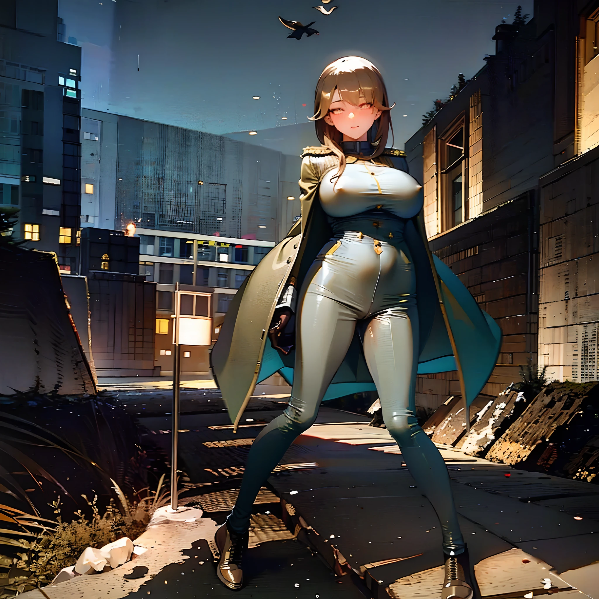 (solo cute girl standing at ruin:1.3, , (light brown hair:1.2), BREAK, (very long legs), (thin legs), very short torso, BREAK, (open legs:1.2), tiptoe, pigeon toed, BREAK, (large breasts:1.2), perky breasts, thin waist, BREAK, (dark brown military uniform:1.3), (hood:1.2), trousers, BREAK, nose blush, looking at viewer, BREAK, (glowing golden eyes:1.5), BREAK, (masterpiece, best quality, ultra-detailed, beautiful detailed face:1.5)