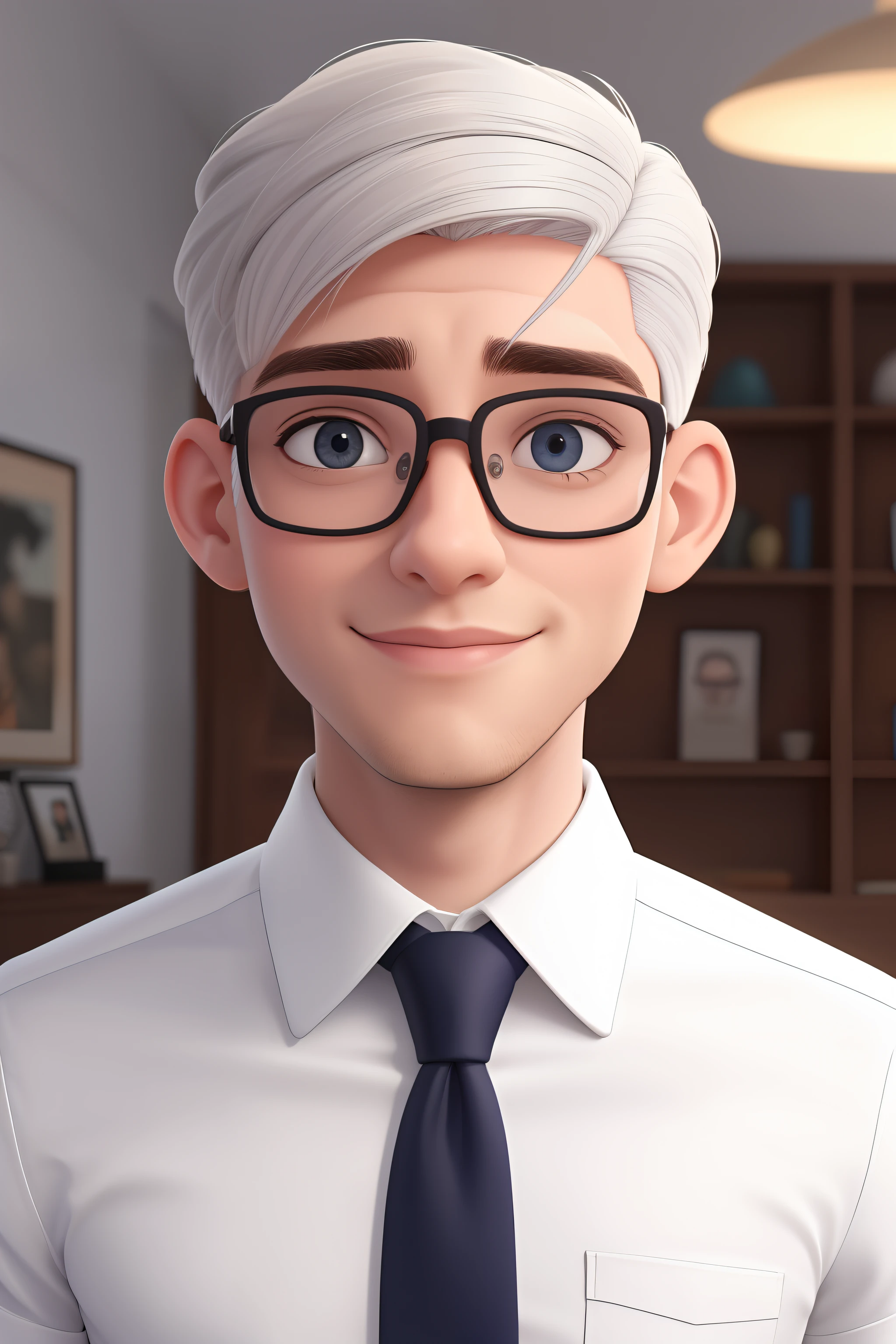 Um homem de 30 anos, com cabelos castanhos curtos,face de diamante, olhar rigoroso, e olhos castanhos, Wearing white white shirt with tie and glasses.