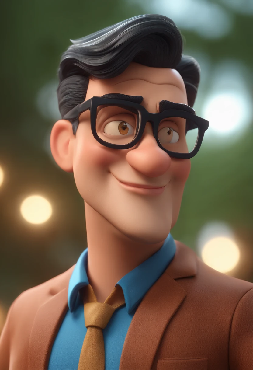 Cartoon character of a man wearing black glasses and a blue shirt, um personagem animado, Caractere estilizado, animation style rendering, 3D estilizado, Arnold Maya render, 3 d render stylized, toon render keyshot, Personagem 3D, Personagem 3D, 3d rendering stylized, 3 d character render, personagem de desenho animado, Personagem de close up, Pose de personagem, (Estilo Pixar) (master part:1.2) (Bokeh) (best quality) (pele detalhada) (textura detalhada) (8k) (argila) (Cinematic lighting) (foco nítido,Senta e vaza a parte superior do corpo