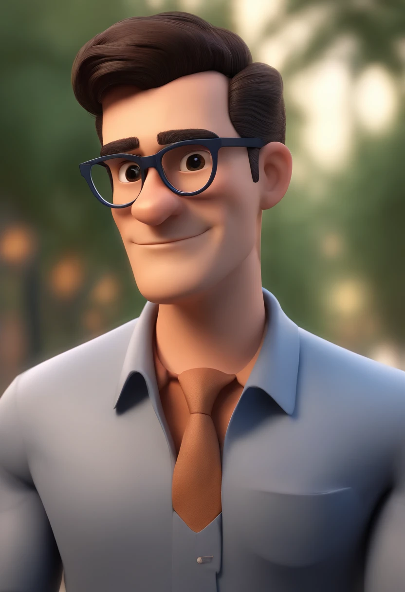 Cartoon character of a man wearing black glasses and a blue shirt, um personagem animado, Caractere estilizado, animation style rendering, 3D estilizado, Arnold Maya render, 3 d render stylized, toon render keyshot, Personagem 3D, Personagem 3D, 3d rendering stylized, 3 d character render, personagem de desenho animado, Personagem de close up, Pose de personagem, (Estilo Pixar) (master part:1.2) (Bokeh) (best quality) (pele detalhada) (textura detalhada) (8k) (argila) (Cinematic lighting) (foco nítido,Senta e vaza a parte superior do corpo