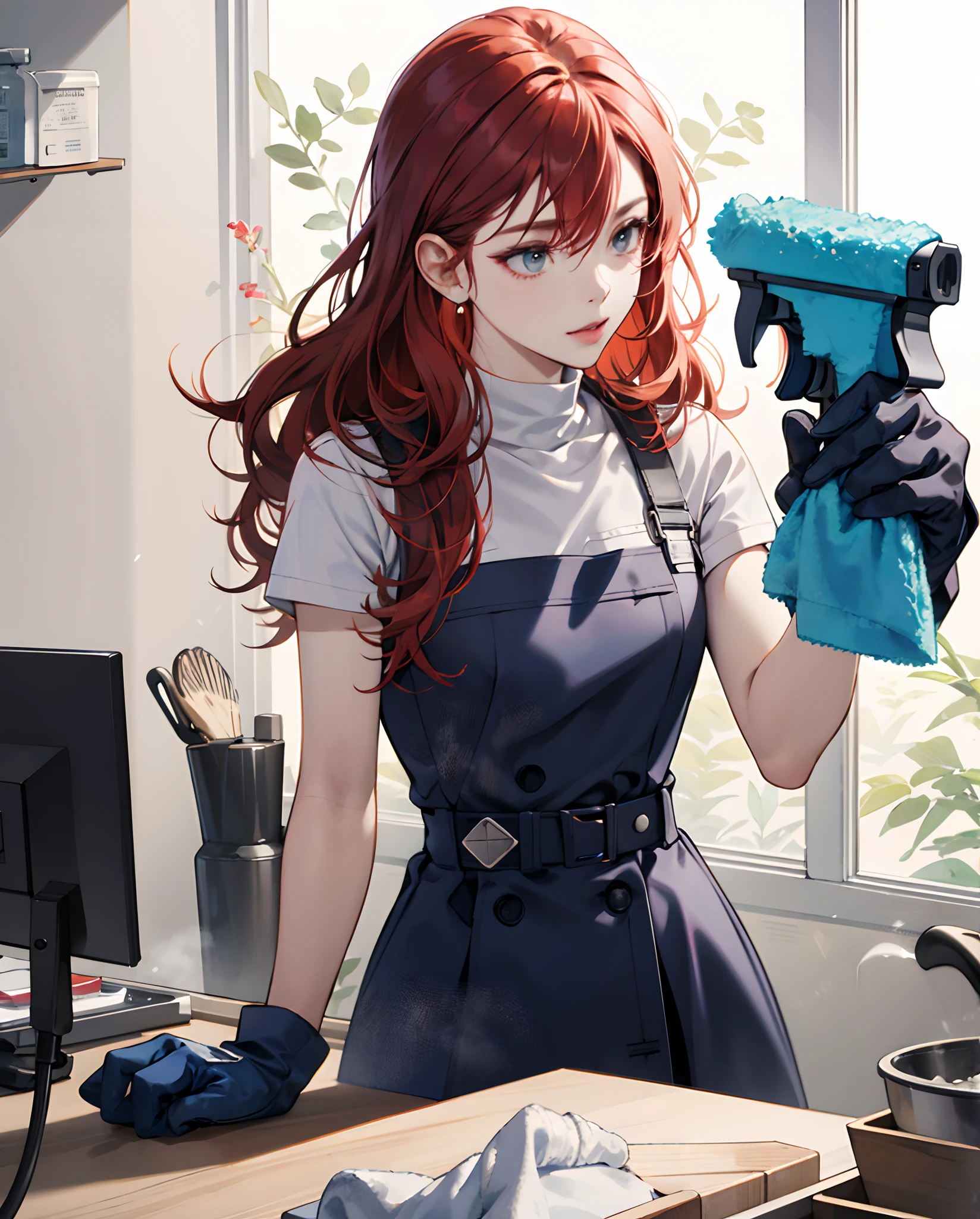 Redhead with cleaning gloves