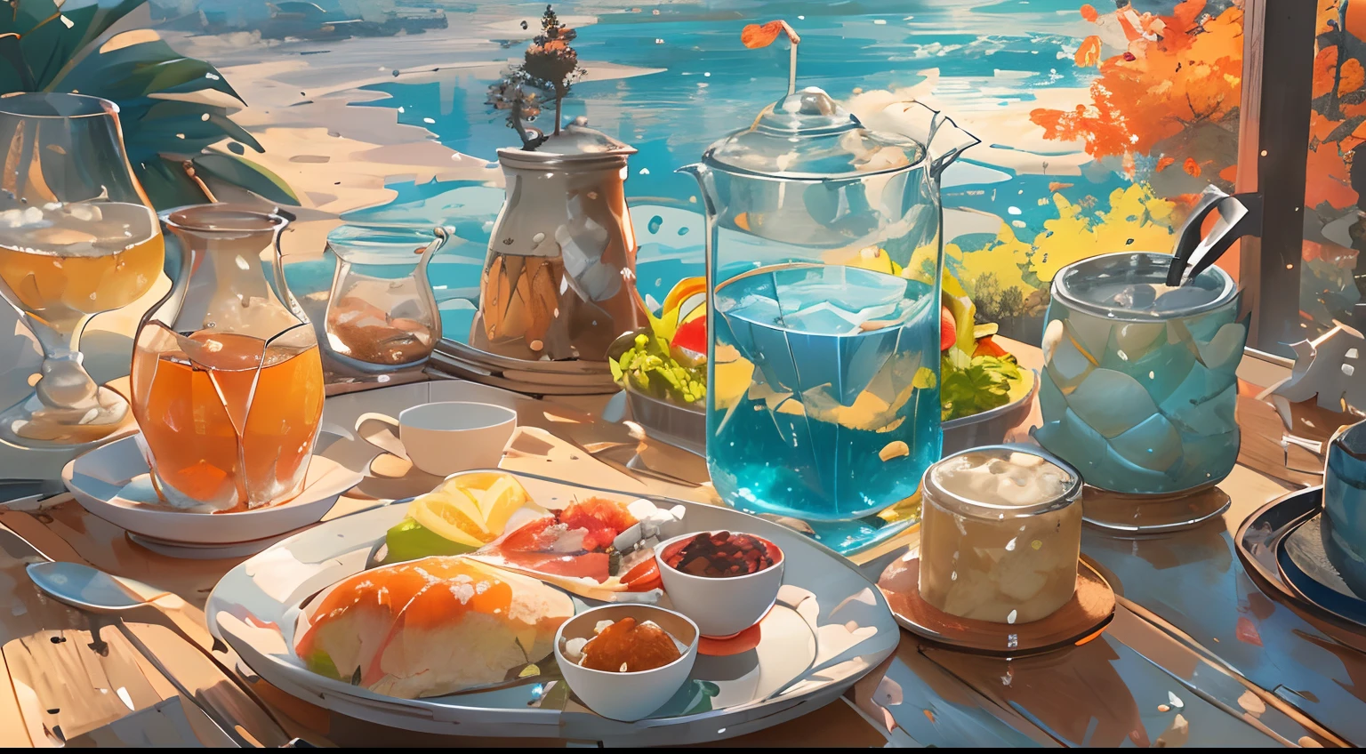 realist, real life, Beautiful Waterside Breakfast Table with Background by Greg Rutkowski, Laurie Greasley's Style, studio ghibli, Geovane Tarantino, James Gillard, genshin impact, Tendencia Pixiv Fanbox, Acrylic spatula, 4k, (vibrant colors), ( Bright color contrast), (highly saturated), Devinart, trends on Artstation