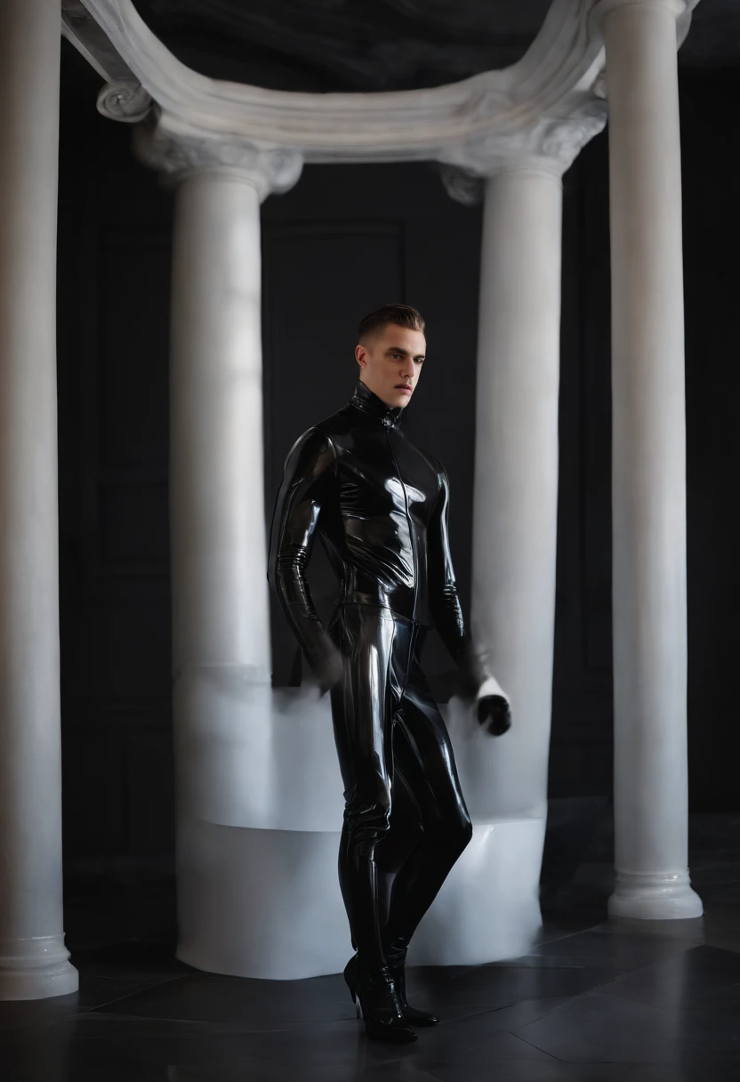 un jeune homme en tenue de latex. Attaché par des menottes pieds et mains liés, il est baillone et sa tete entiere et recouverte d'un masque en cuir épais et aveuglant. Il est dans une pièce sombre dans laquelle on voit des cages et objets bdsm autour de lui.