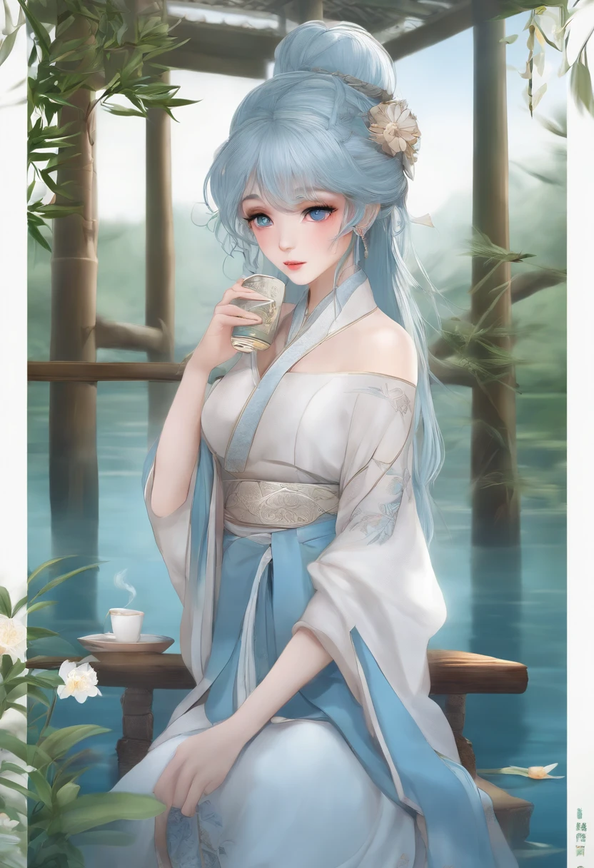 Masterpiece, Best Quality, Official Art, 8k Wallpaper, Very Detailed, Illustration, 1 Girl, Sky Blue Hair, Long Hair, Detailed Eyes, Forrest Gump, Bare Shoulders, Hanfu, Lake, Pure, Soft Smile, bamboo, tea