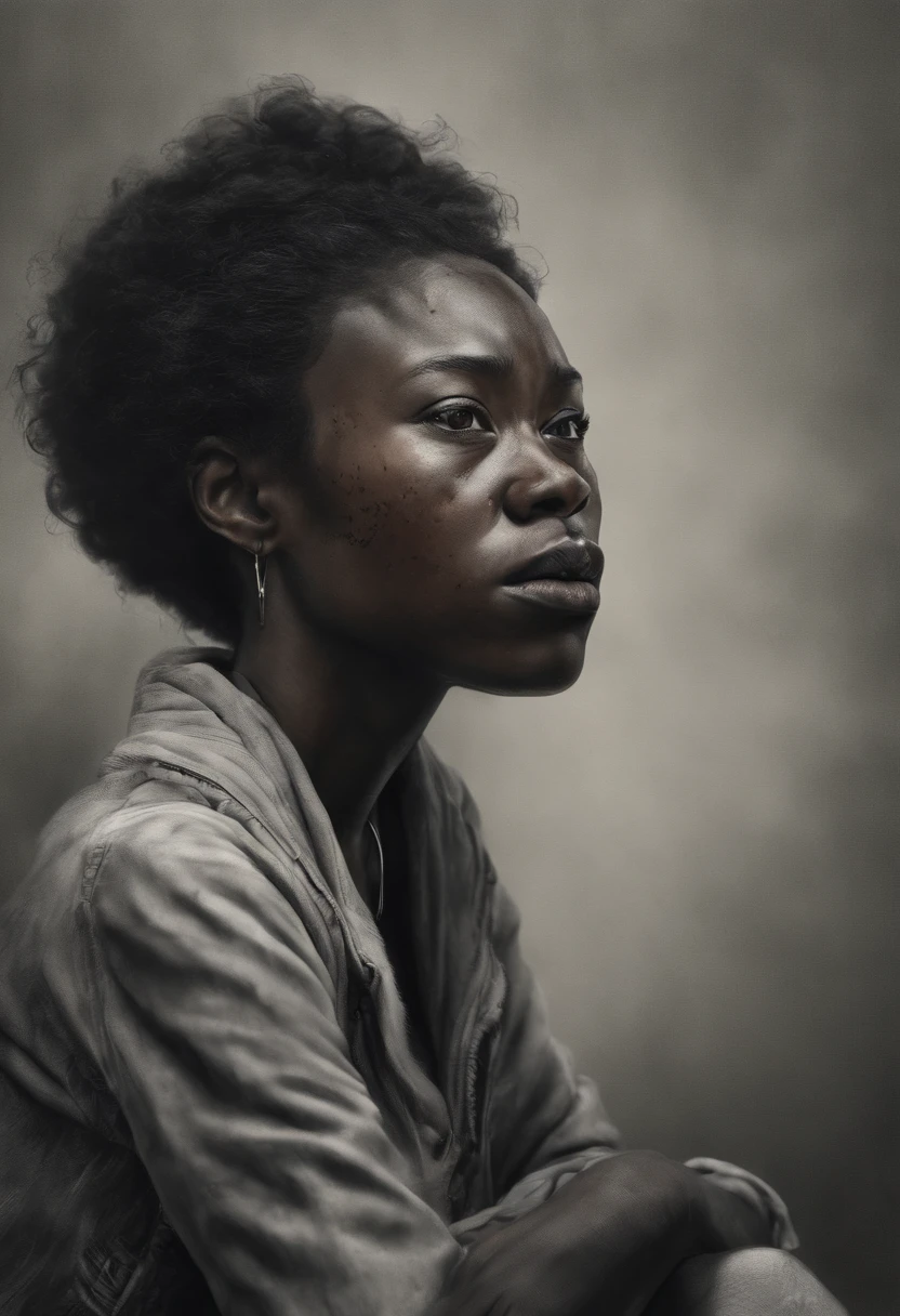 afro american woman hair in a braid, hands in ripped and torn pant pockets, standing in a dystopia, raining ash that looks like glitter, antique photo, scratches and dust, Photorealistic