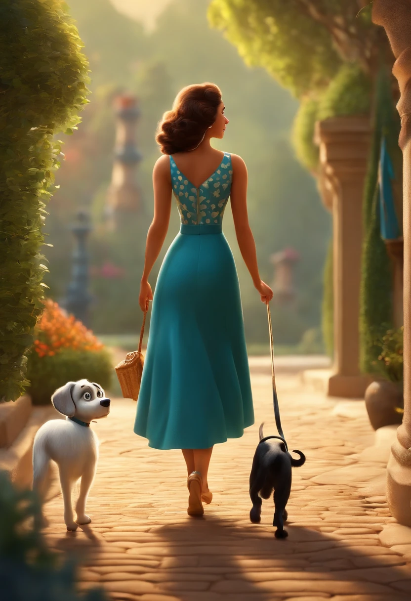 Um filme inspirado na Disney Pixar (mulher de 40 anos, pele branca, cabelos longos, lisos e castanhos, olhos cor de mel) She walks with her Dalmatian Dog inside The scene being in the distinctive art of the PIXAR style, descolada e estilosa