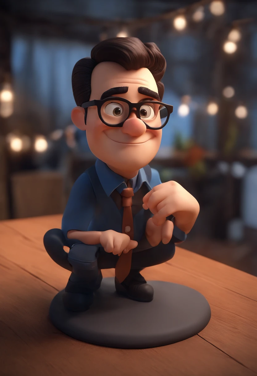 Cartoon character of a man wearing black glasses and a blue shirt, um personagem animado, Caractere estilizado, animation style rendering, 3D estilizado, Arnold Maya render, 3 d render stylized, toon render keyshot, Personagem 3D, Personagem 3D, 3d rendering stylized, 3 d character render, personagem de desenho animado, Personagem de close up, Pose de personagem, (Estilo Pixar) (master part:1.2) (Bokeh) (best quality) (pele detalhada) (textura detalhada) (8k) (argila) (Cinematic lighting) (foco nítido，Senta e vaza a parte superior do corpo