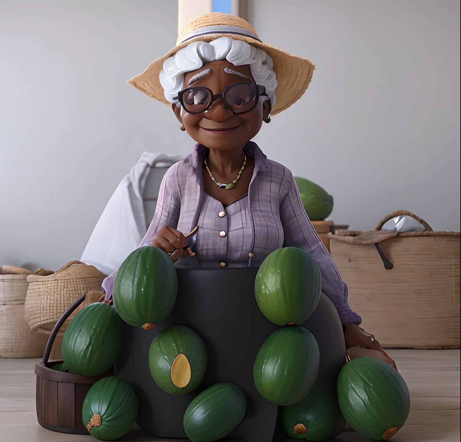 Elderly black woman, glasses, straw hat, holding a bowl of avocados, 74 years old.