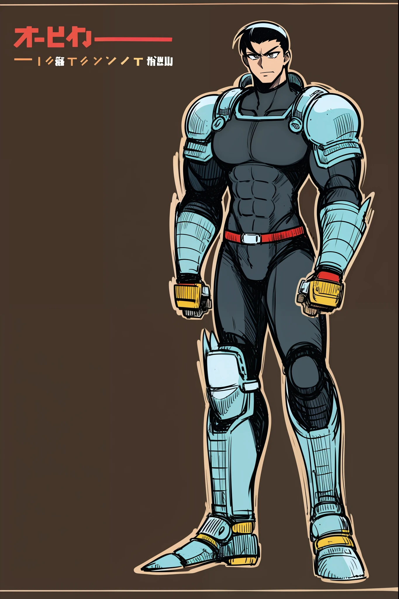 male ,pony tail, black hair,sentai armor, superhero, metal hero, standing, full body, short hair pony tail
