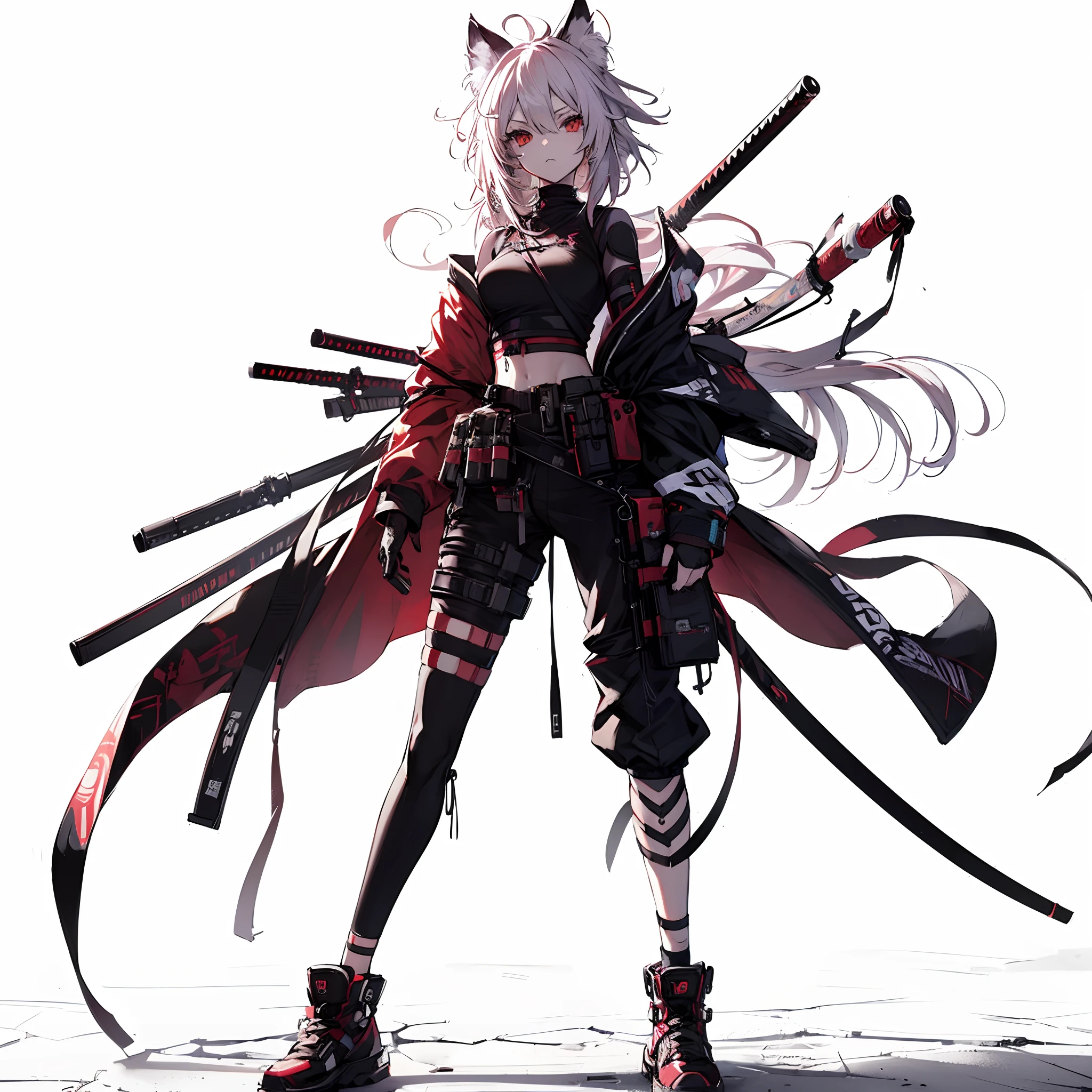 (masutepiece, Best Quality), (Perfect athlete body:1.2), (detailed hairs), Ultra-detailed, Anime style, Full body, Cyberpunk was a fox ninja girl, Wear red clothes, Black, And white street punk wear, many swords, Wear long boots, 8K High Resolution, trend artstation, White background, Standing in the wasteland, Whole body,