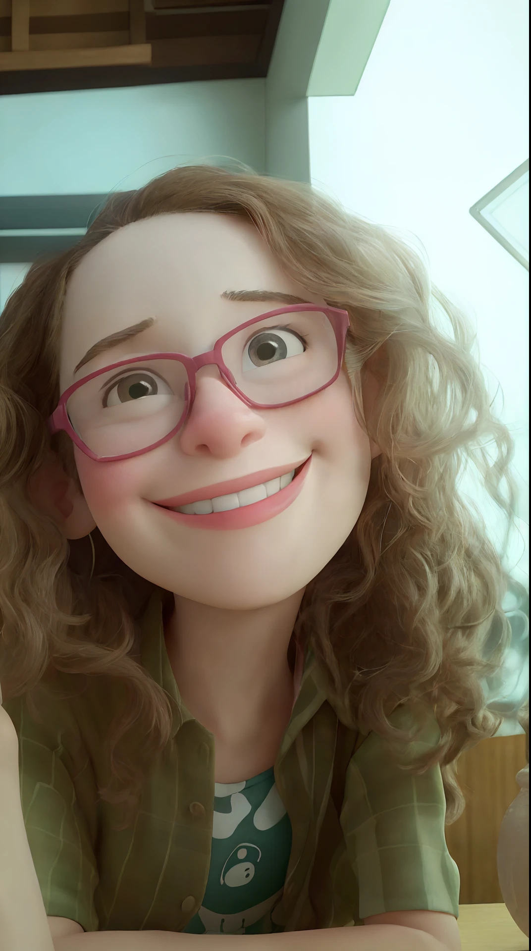 Smiling woman with glasses and a patterned shirt sitting at a table, selfie de uma jovem mulher, cerca de 3 5 anos, bonito ligeiramente nerd sorriso, foto de baixa qualidade, 3 0 anos de idade mulher, Mulher de 30 anos, com cabelos ruivos cacheados, leve sorriso nerd, happily smiling at the camera, foto de perfil headshot, by Amelia Peláez, sorrindo e olhando diretamente