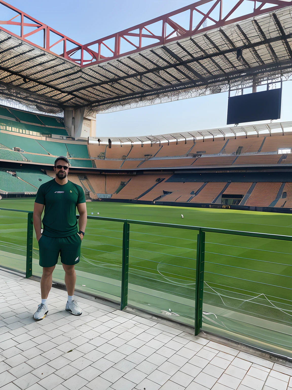 Man in green standing in front of a football field with a green field, standing in a stadium, standing in an arena, em um coliseu, Milan Jozing, no meio de uma arena, em uma arena, inspirado em Perin del Vaga, completamente vazio, Big!!!!!!!!!!!!, clip stadio, inspirado em Italo Mus, art deco stadium