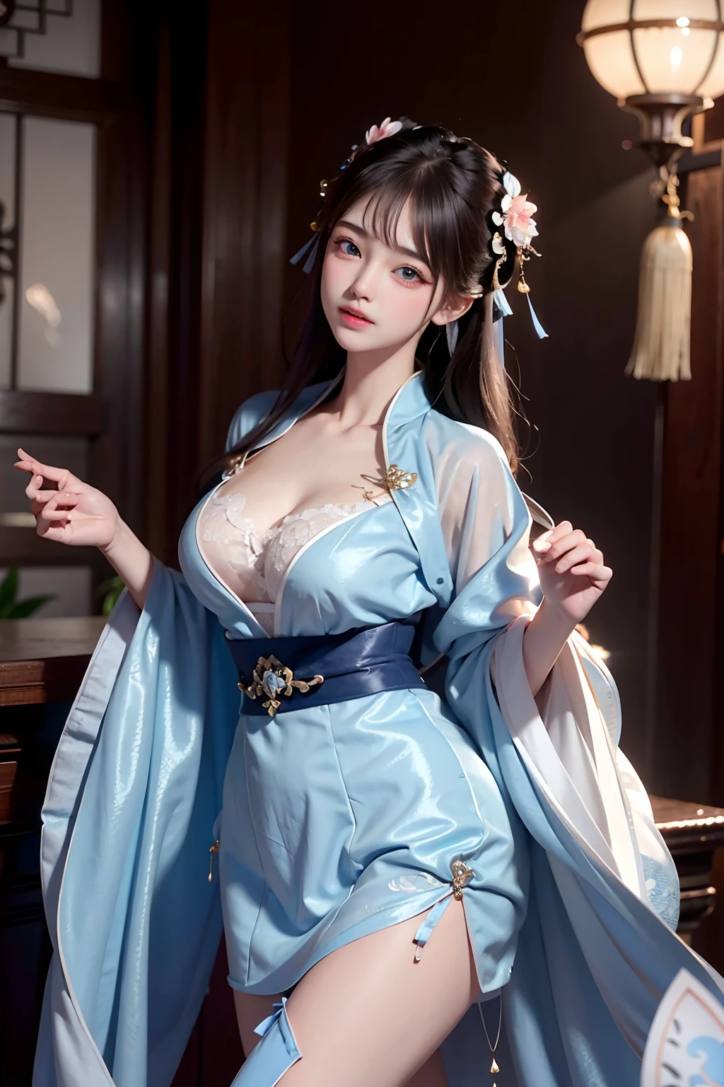 Wet-breasted Hanfu open V-chested clothes, All pictures, Wet body of thin silk fabric, Thin silk lace petticoat,princess 8 yeald old cute, (huge boobs，cleavage),petticoat, white pink, blue ，best qualtiy，tmasterpiece，超高分辨率，（真实感：1.4），RAW photogr，（True skin texture：1.3），（filmgrain：1.3），（Selfie angle），1个Giant Breast Girl，Beautiful eye and face details，tmasterpiece，Best quality at best，exposing thighs，Bigchest，The chest is more exposed，detailed hair，above looking down facing at camera,short dressPrincess Eyes,Super big eyes,Detailed face,shiny pupils, randome color short dress