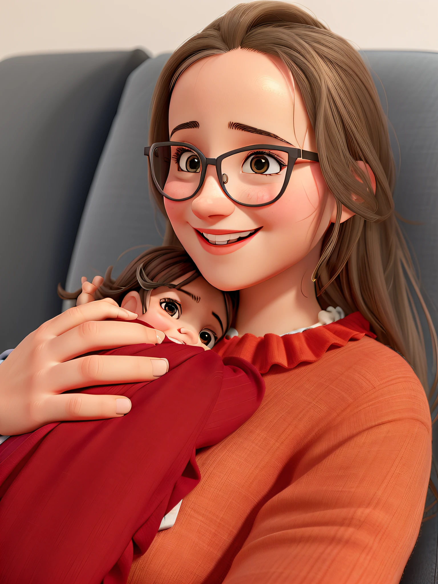 Uma mulher sorrindo, with a baby on your lap