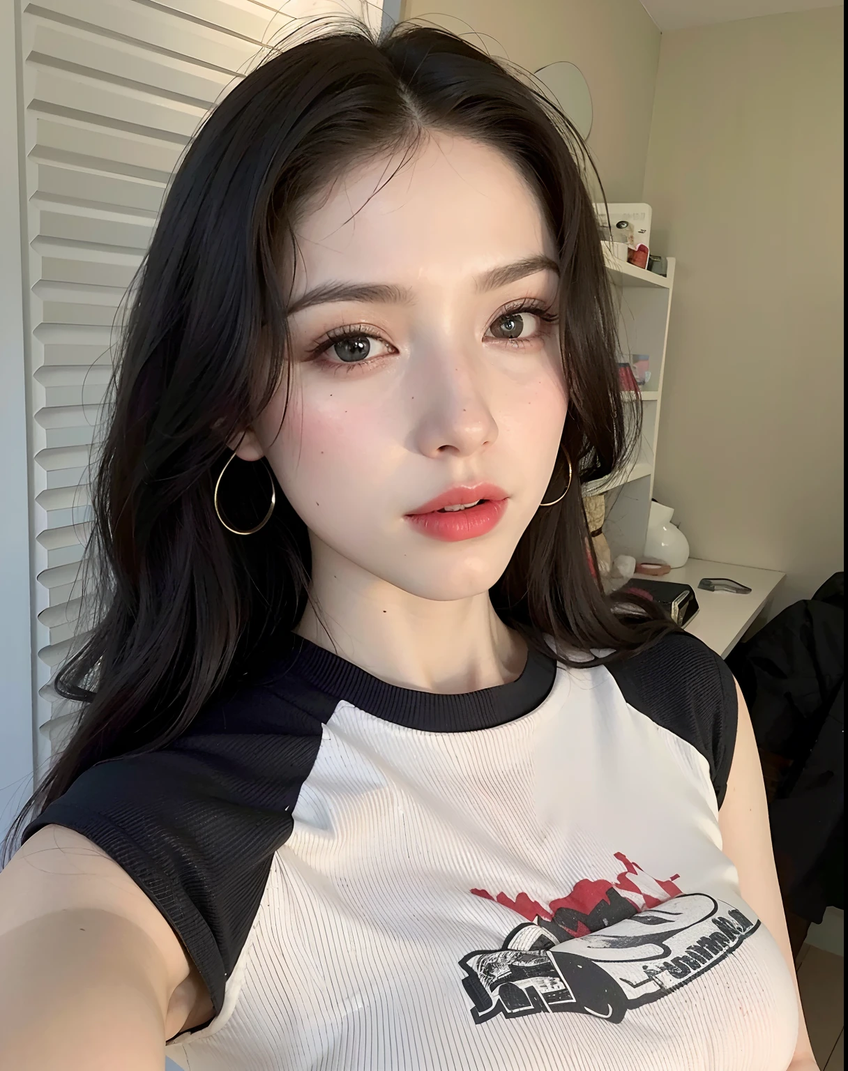 Arafed woman wearing a black and white shirt and red lipstick, with pale skin, Foto de perfil de la foto de cabeza, piel blanca muy, very pale, extremely pale white skin, very pale white skin, 🤤 girl portrait, piel blanca muy, very very pale, pale, shiny skin, Lleva una camiseta negra sin mangas, joven hermosa amouranth, 2 4 year old female model