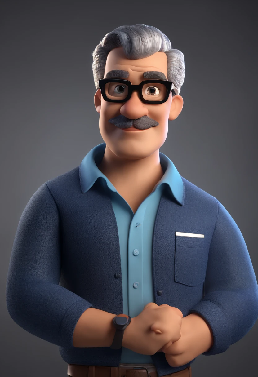 Cartoon character of a man wearing black glasses and a blue shirt, um personagem animado, Caractere estilizado, animation style rendering, 3D estilizado, Arnold Maya render, 3 d render stylized, toon render keyshot, Personagem 3D, Personagem 3D, 3d rendering stylized, 3 d character render, personagem de desenho animado, Personagem de close up, Pose de personagem, (Estilo Pixar) (master part:1.2) (Bokeh) (best quality) (pele detalhada) (textura detalhada) (8k) (argila) (Cinematic lighting) (foco nítido，Senta e vaza a parte superior do corpo