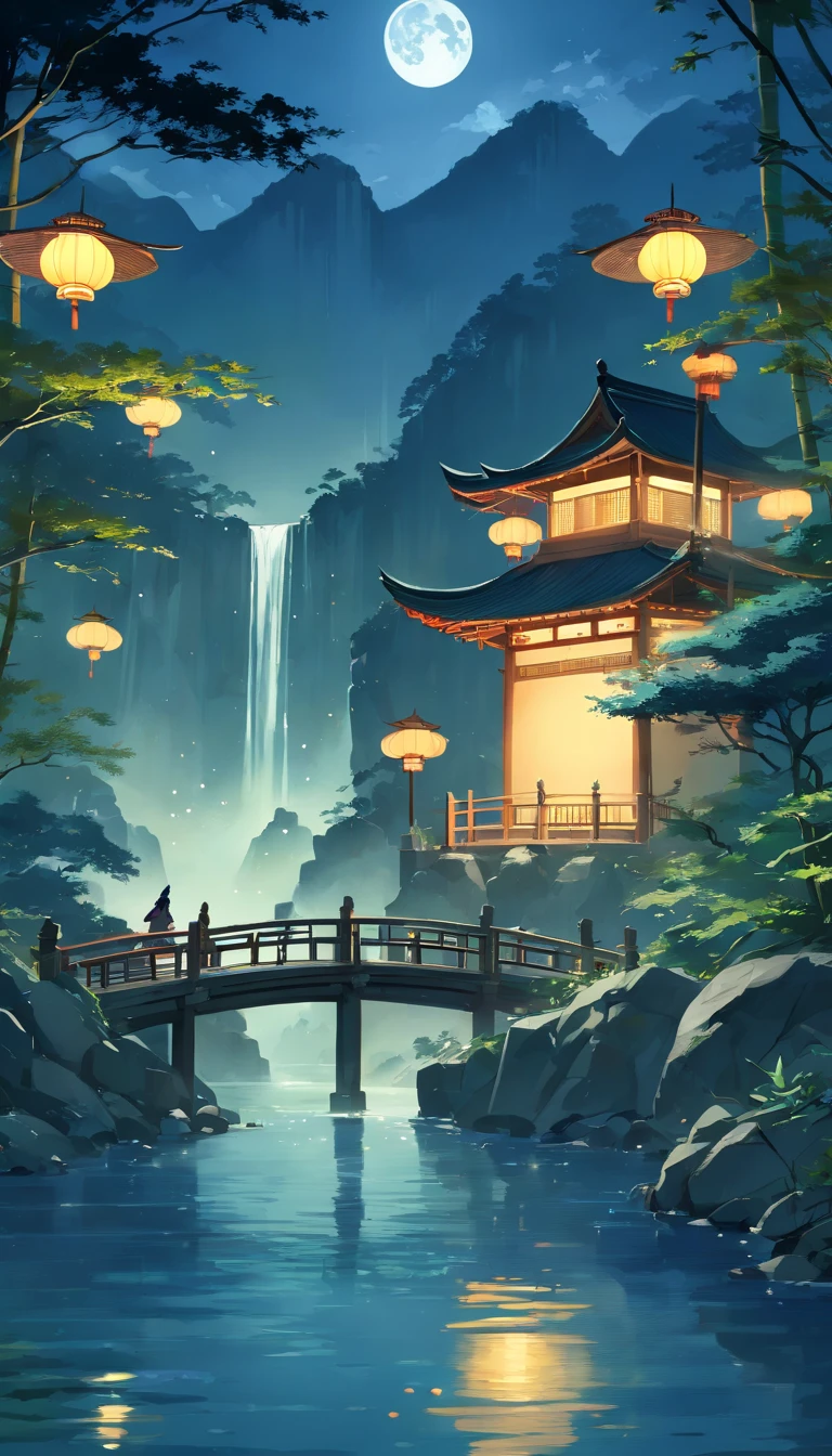 tmasterpiece, best qualityer, Chinese martial arts style, Asian night view with lanterns and water lilies, The Asian lagoon has many lanterns and boats at night，There are a lot of lights and boats on the water, Lake surface, lotuses, beautiful night scene, (( (Chinese martial arts style))), with vast sky, Continuous mountains and steep cliffs, ink wash style, outline light, Atmospheric atmosphere, depth of fields, mist rising, Bamboo, pines, Octagonal stone pavilion, waterfall flowing water, large full moon, (No color), single body, Light shades, (((There is a wizard / The Dark Knight appears)))