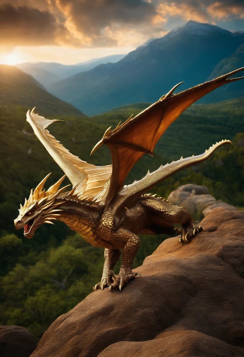 Imagine a metallic dragon with horns, lance-shaped wings and tail, Flying over a mountainous and rocky scenery. He has golden eyes that sparkle with intelligence and curiosity, and scales that reflect the colors of the sky and sun. He's the Ironbreaker, A magical creature that fused with an animal in his war armor. He is in search of adventures and knowledge, Exploring the world with your sharp mind and nimble body. He is a unique and powerful being, que desafia os limites da natureza e da magia.