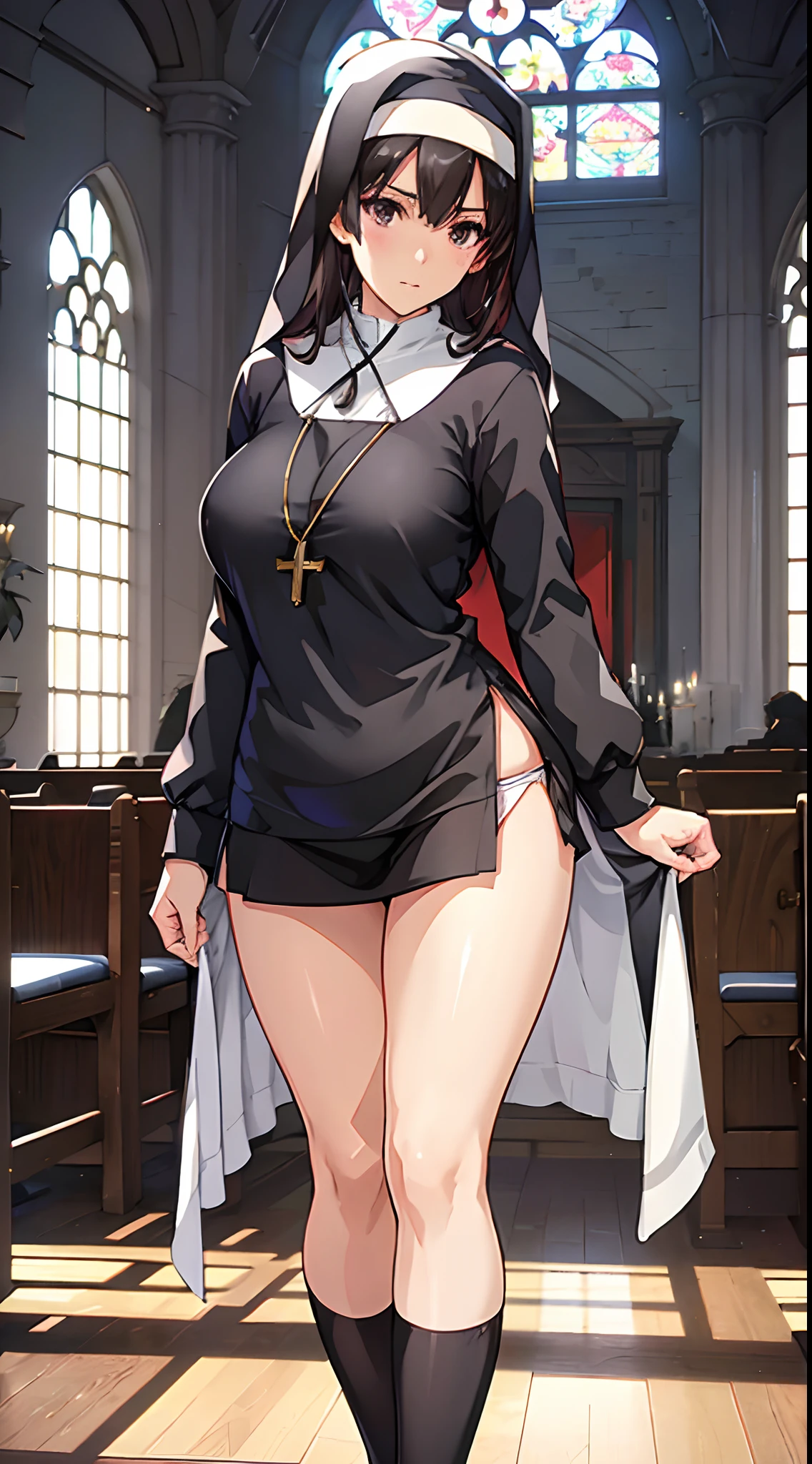 (slanted eye),(Best Quality, 4K, 8K, hight resolution, masutepiece:1.2), Ultra-detailed, (Realistic, Photorealistic, Photorealsitic:1.37), inside a church,Midnight,masutepiece, Highest Quality, Ultra-fine,max resolution, Extremely detailed, ((nun)),Slender lower body,overknee socks,(((Beautiful skins))),red blush,Large bust,is standing,(a miniskirt),Seductive thighs,thong,frombelow,White panties